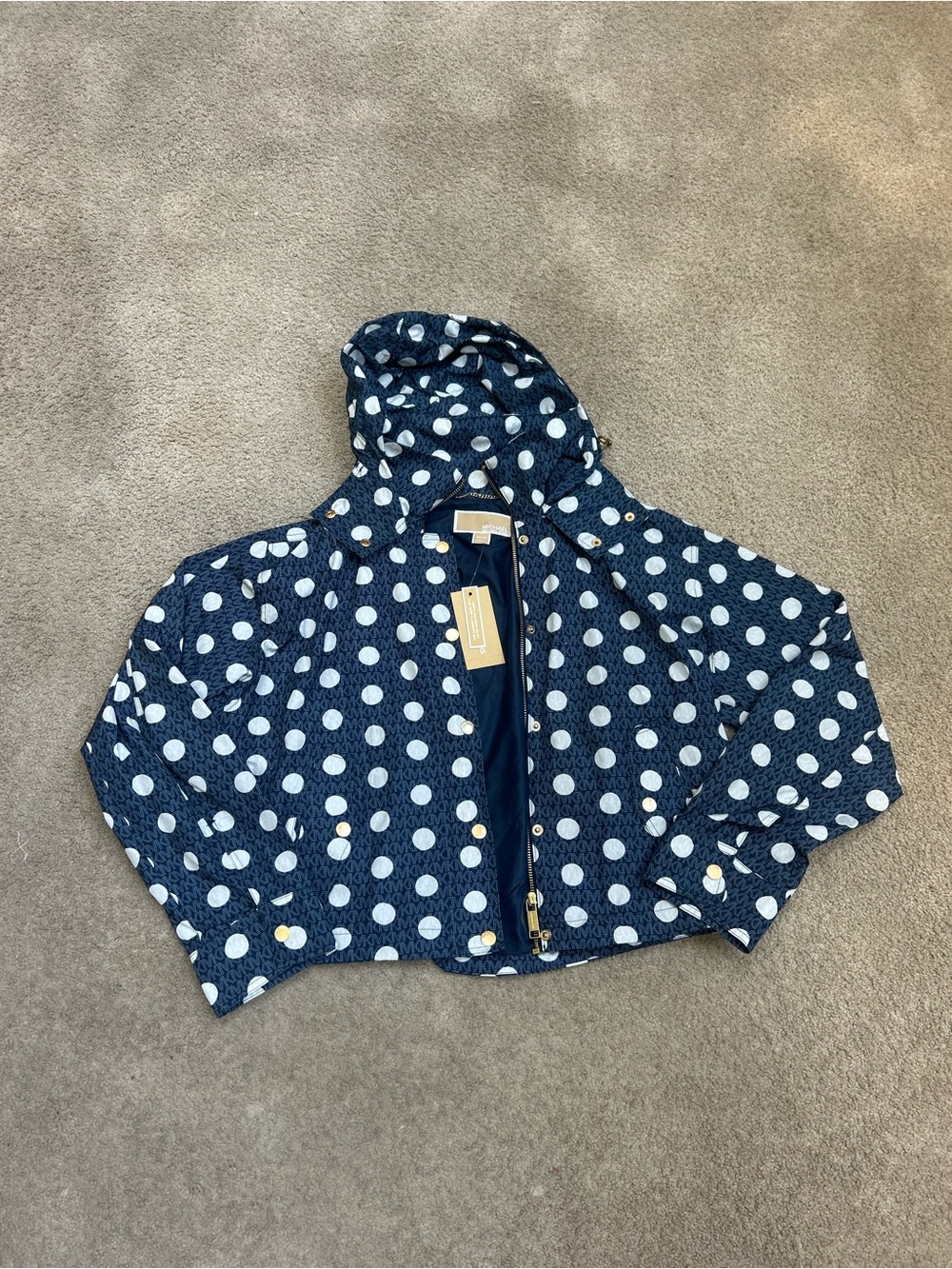 Michael Kors Navy Blue and White Polka Dot Hooded Rain Jacket